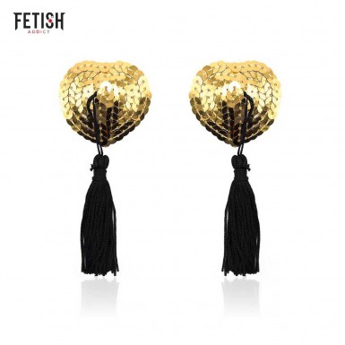 FETISH ADDICT Heart Nipple Covers - heart shaped nipple covers with gold sequins and black tassels
