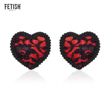 FETISH ADDICT Heart Nipple Covers - red heart shaped nipple covers with black lace