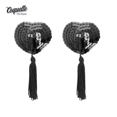 COQUETTE Chic Desire Heart Nipple Covers - invelisuri pentru sfarcuri in forma de inima cu paiete si ciucuri negre