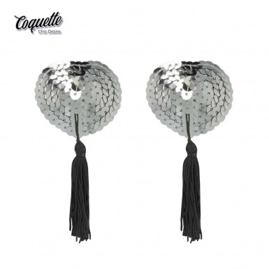 COQUETTE Chic Desire Heart Nipple Covers - heart shaped nipple covers with silver sequins and black tassels