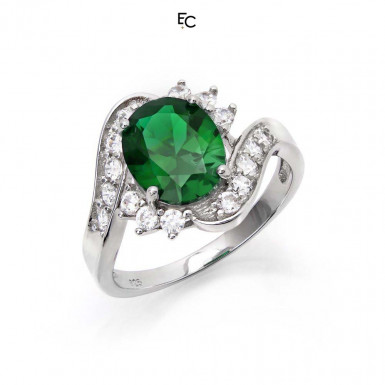 Sterling Silver ring with green rosette and white Zircon stones (01-2058GRN)
