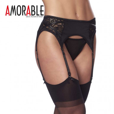 Amorable Garter Belt set - sensual garter belt with thong and stockings in black