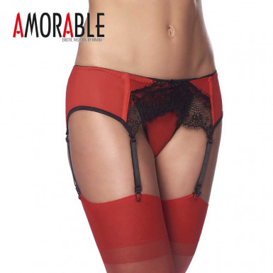 Amorable Garter Belt set - portjartier senzual cu tanga si dresuri in negru si rosu