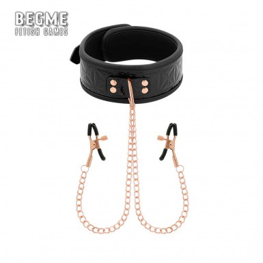 BEGME Black Edition Premium Collar with Nipple Clamps - unisex premium collar with chained nipple clamps